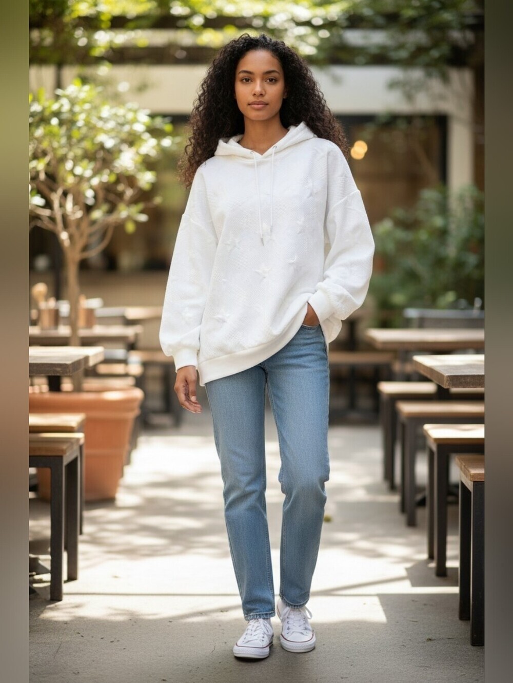 Cozy White Star-Textured Hoodie